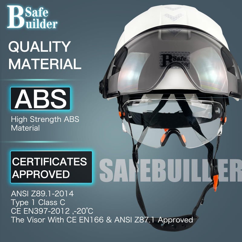 SAFEBUILDER خوذة أمان قبعة صلبة مع قناع شفاف وملون قابل للتعديل ABS تنفيس خوذة عمل 6 نقاط تعليق ANSI Z89.1 معتمدة للأغراض الصناعية (01-قبعة بيضاء مع قناع شفاف وملون) - Image 3